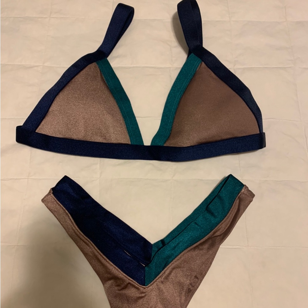 👙ONE ONE Womens Colorblock Bikini Bronze/Blue/Green Size L Adjustable St…